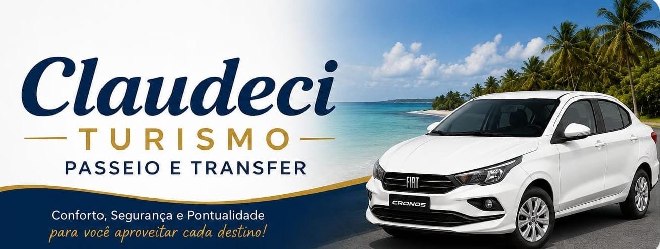 Claudeci Turismo, passeio e transfer com Fiat Cronos branco diante de uma praia